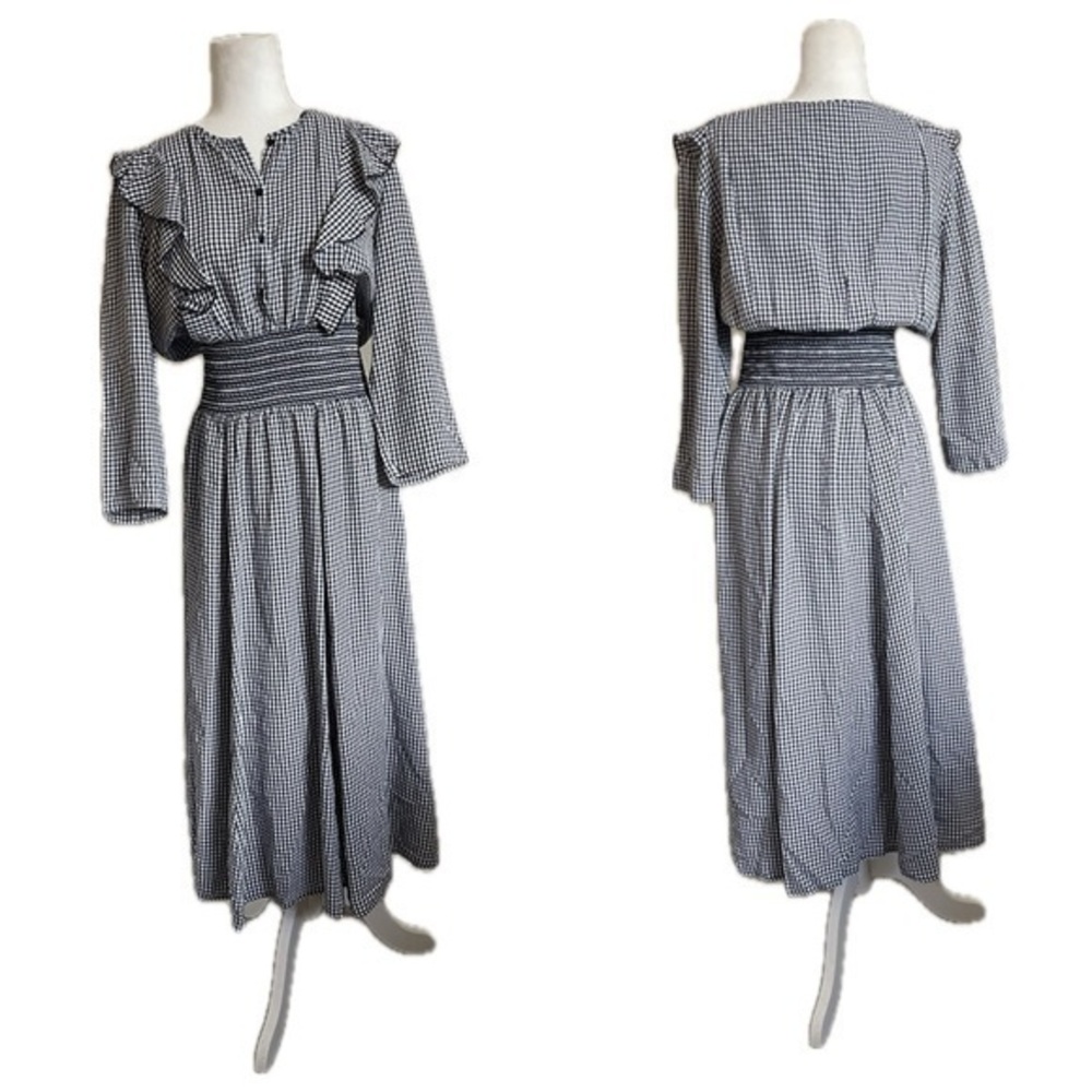 Pablo Gerard Darel Dark Blue Gingham Ruffle Smocked Midi Dress Womens Size 10
